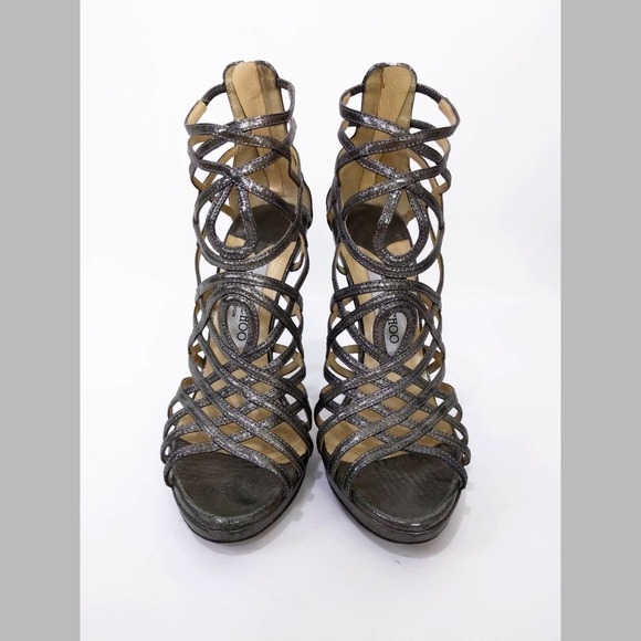 Jimmy Choo Glitter Leather Gladiator Heels In Anthracite Metallic Silver Gray - Picture 3 of 12